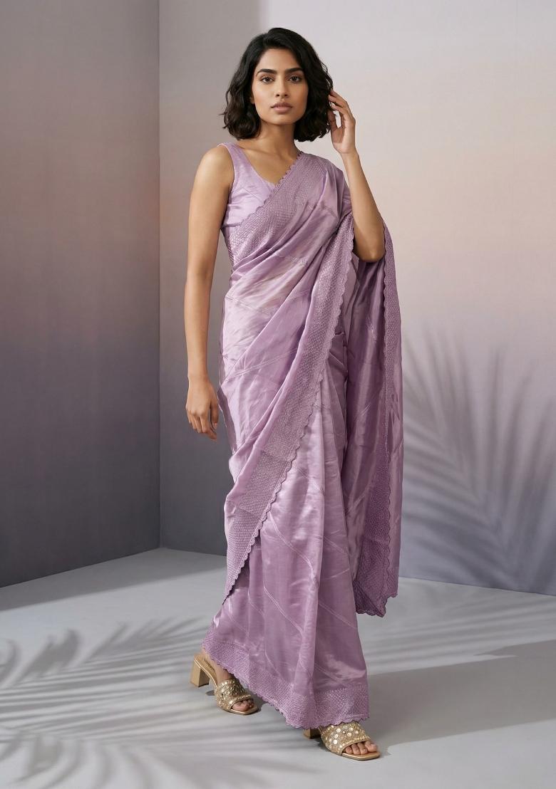 Lilac Printed Silk Saree Set - Indya
