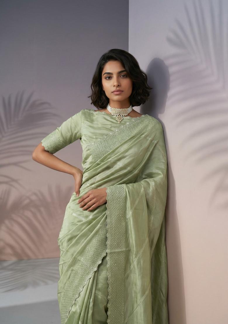 Green Printed Silk Saree Set - Indya