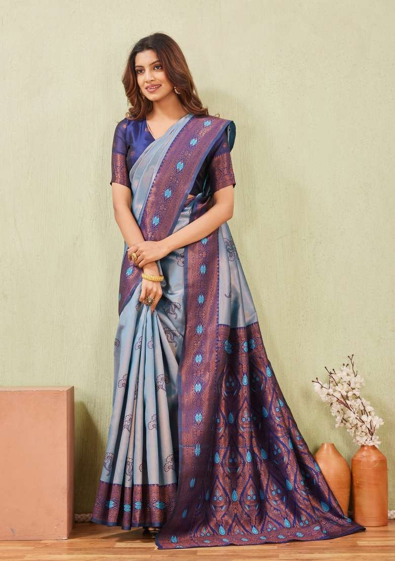 Blue Rama Handloom Saree Set with Printed for Diwali | Wedding & Festive Wear - Indya