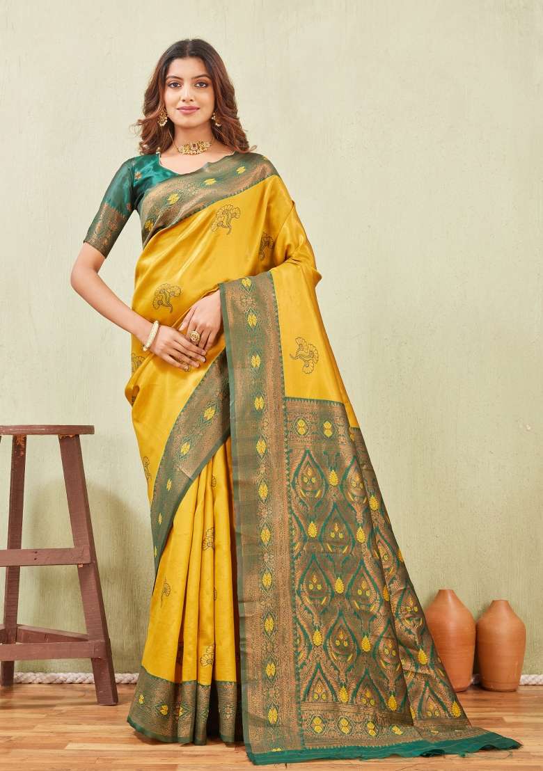 Green And Gold Handloom Saree Set with Printed for Diwali | Wedding & Festive Wear - Indya