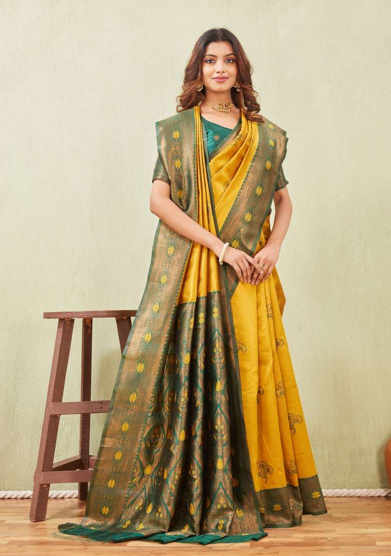 Green And Gold Handloom Saree Set with Printed for Diwali | Wedding & Festive Wear - Indya