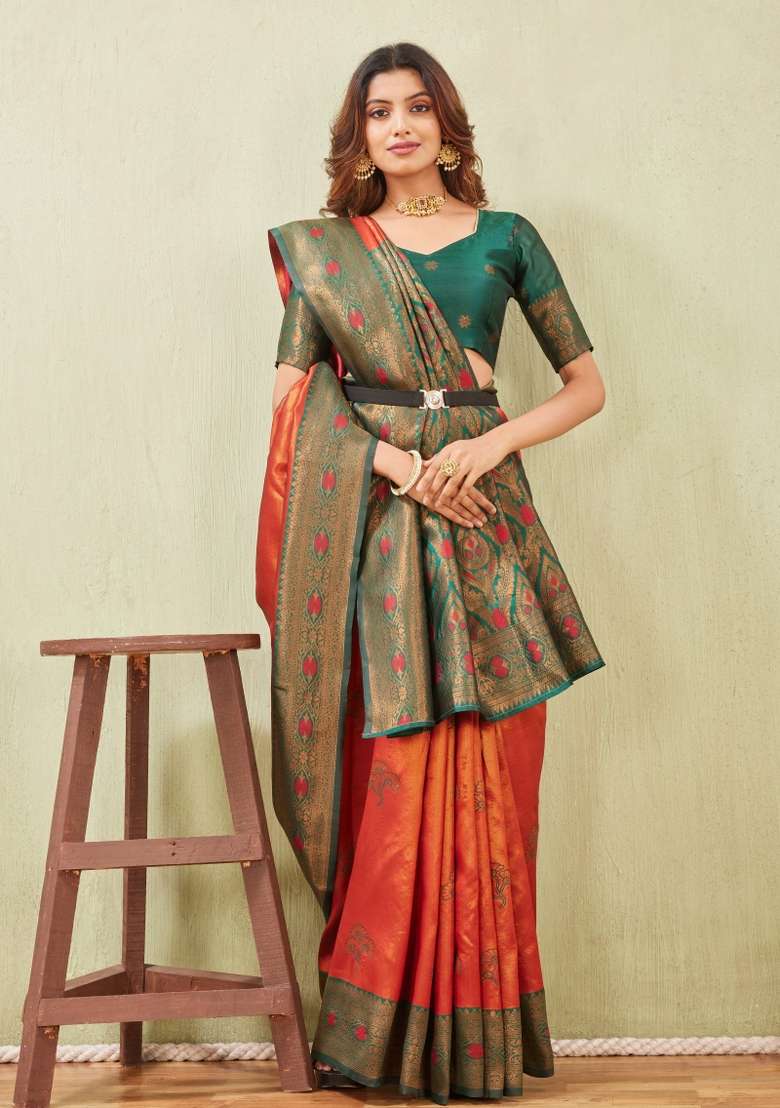 Green And Orange Handloom Saree Set with Printed for Diwali | Wedding & Festive Wear - Indya