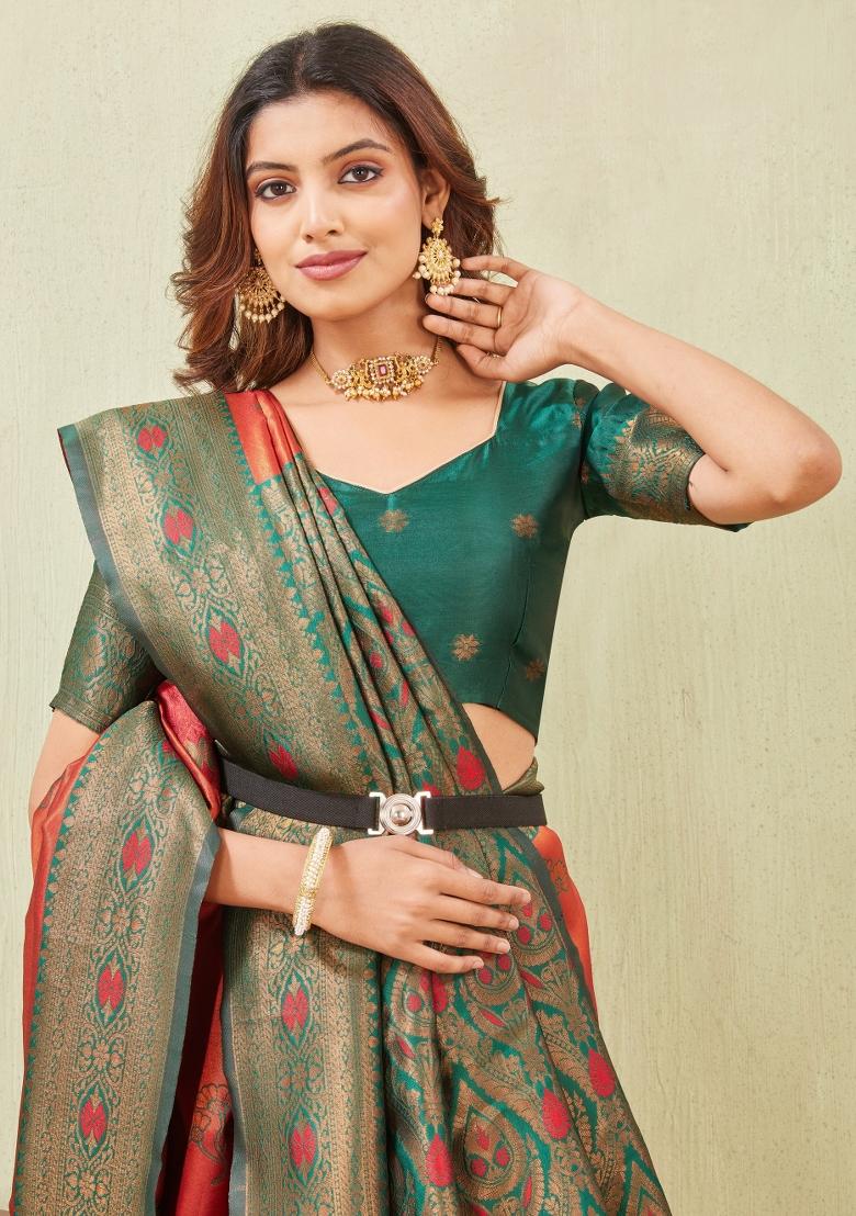 Green And Orange Printed Handloom Saree Set - Indya