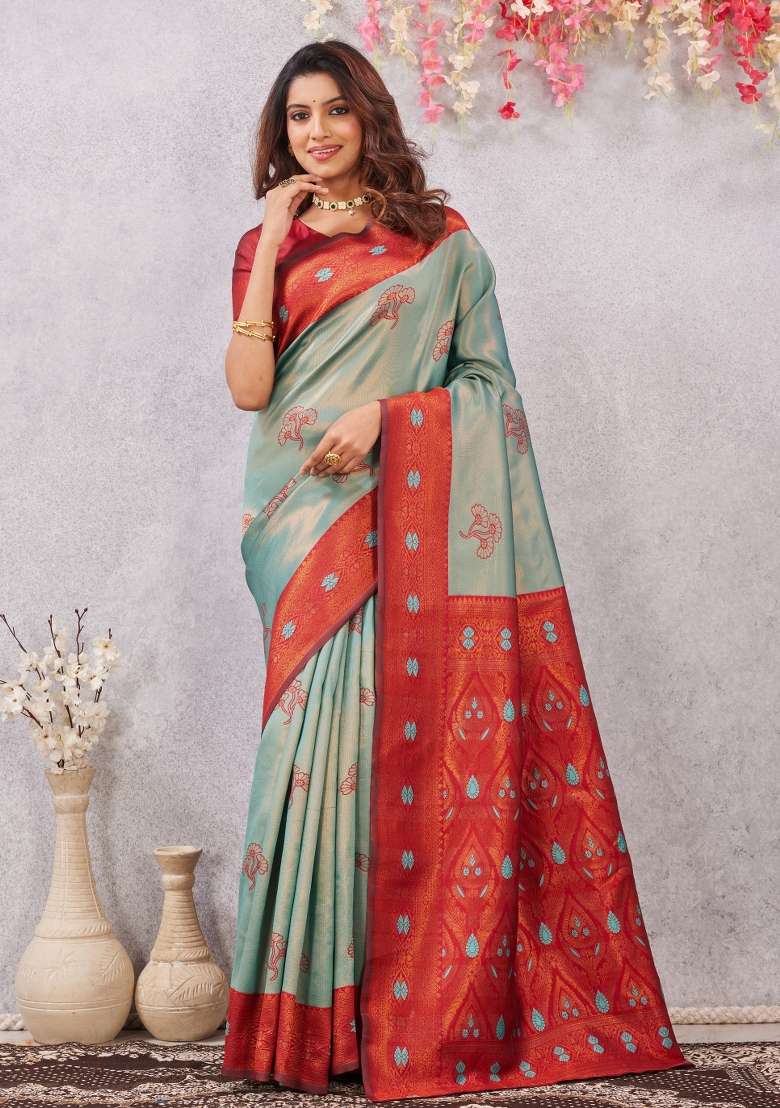 Red Rama Printed Handloom Saree Set for Diwali and Festive Wear - Indya