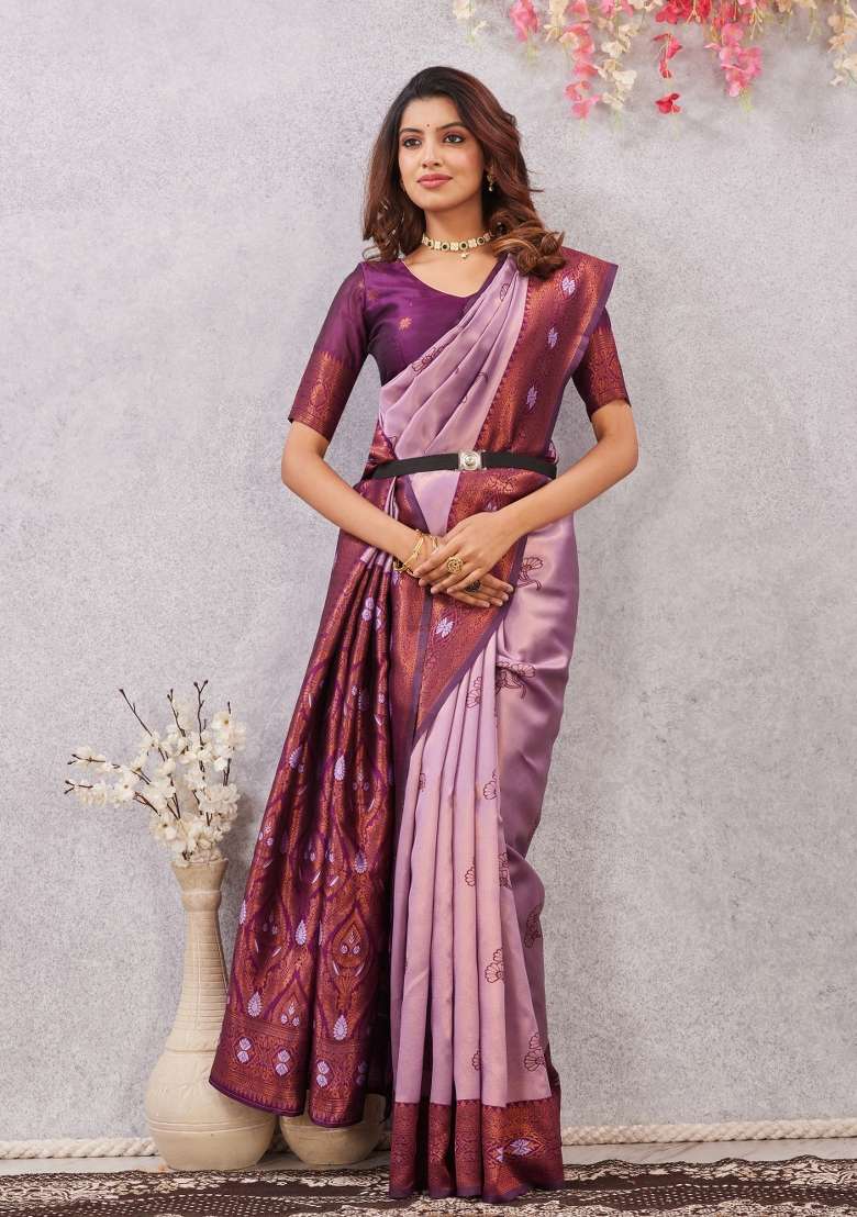 Wine Purple Printed Handloom Saree Set for Diwali and Festive Wear - Indya