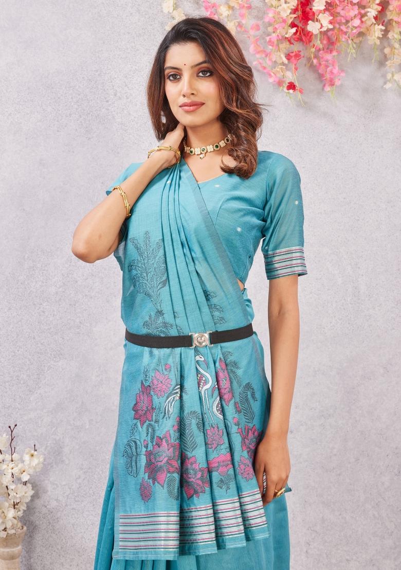 Rama Printed Handloom Saree Set - Indya