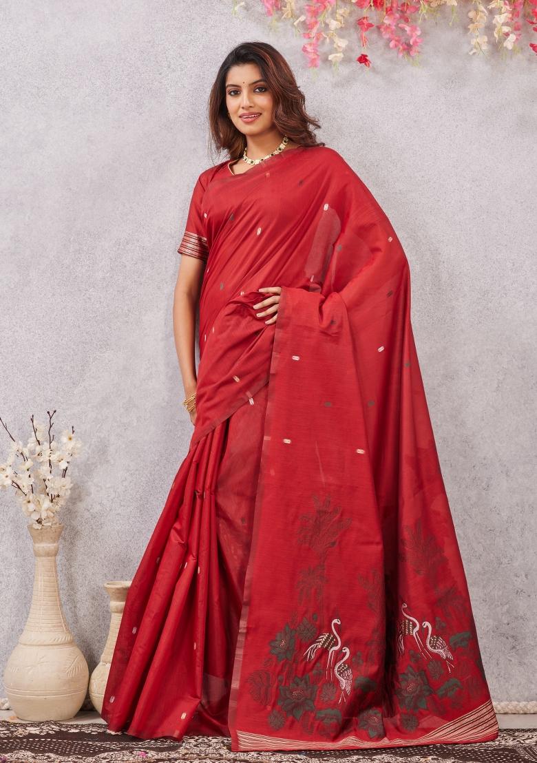 Red Printed Handloom Saree Set - Indya