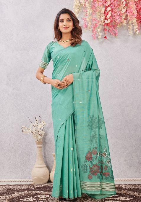 Sea Green Printed Handloom Saree Set