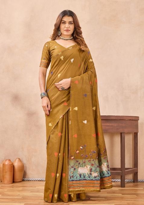 Mustard Printed Handloom Saree Set