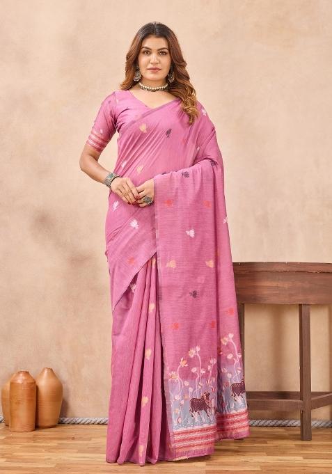 Pink Printed Handloom Saree Set