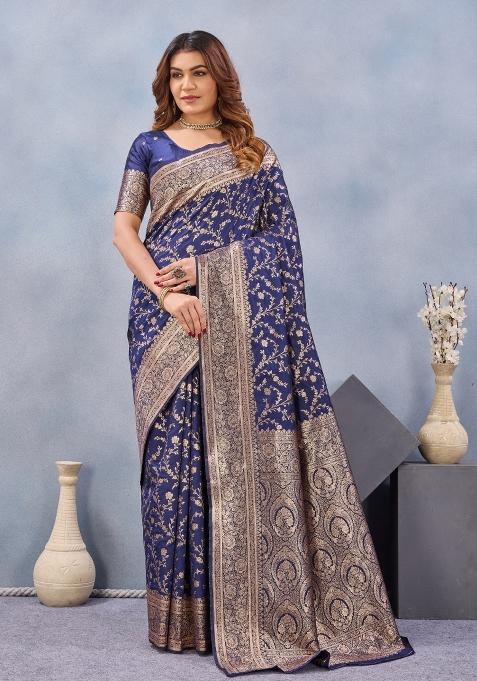 Blue Printed Handloom Saree Set