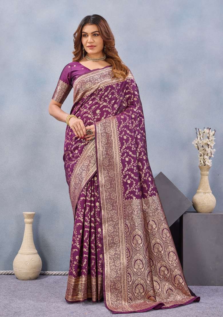 Wine Handloom Saree Set with Printed for Diwali | Wedding & Festive Wear - Indya