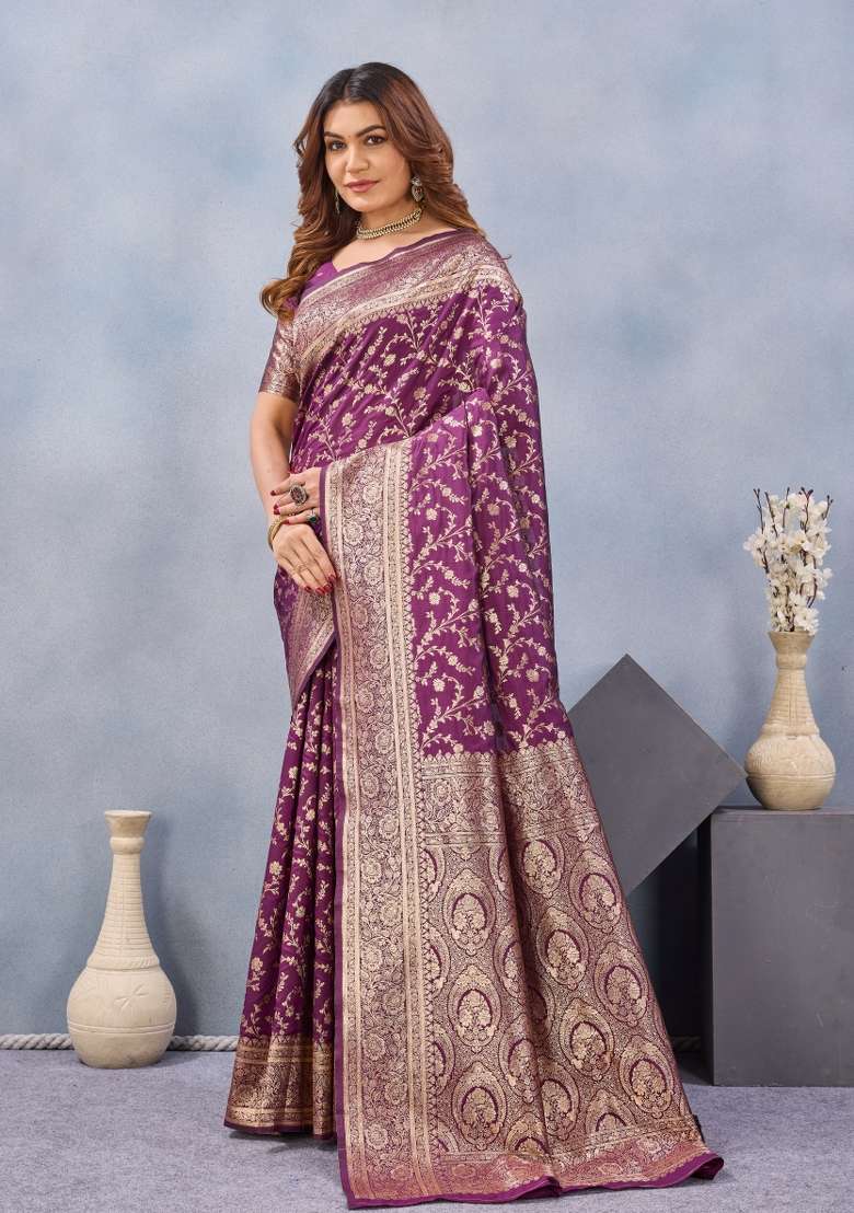 Wine Handloom Saree Set with Printed for Diwali | Wedding & Festive Wear - Indya