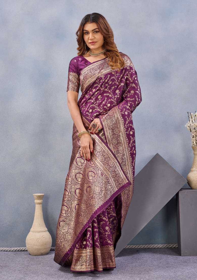 Wine Handloom Saree Set with Printed for Diwali | Wedding & Festive Wear - Indya