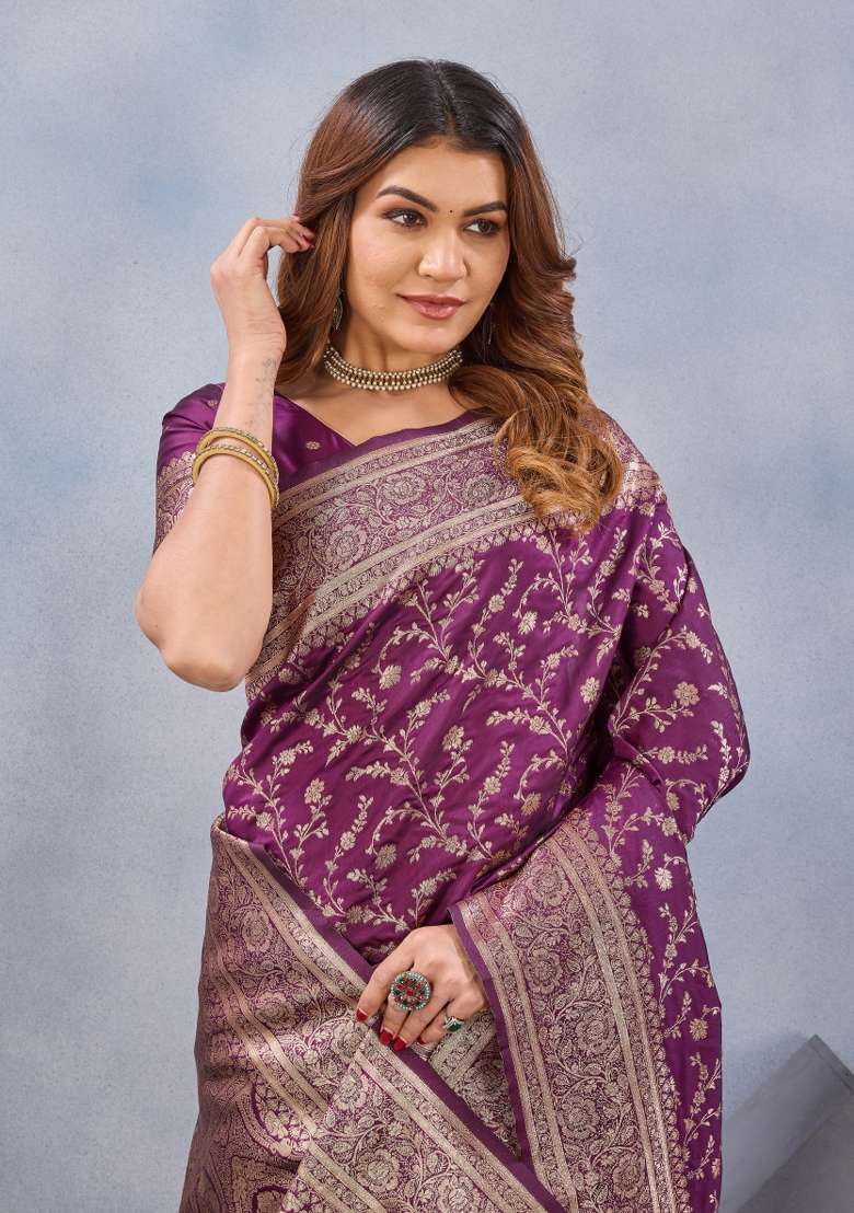 Wine Handloom Saree Set with Printed for Diwali | Wedding & Festive Wear - Indya