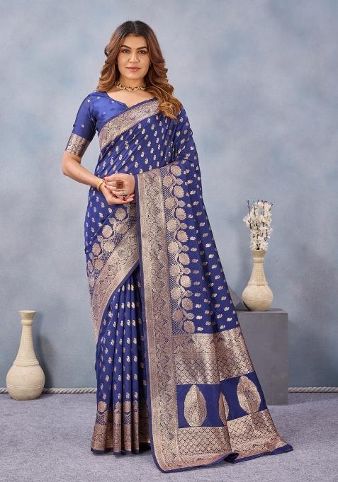 Blue Printed Handloom Saree Set