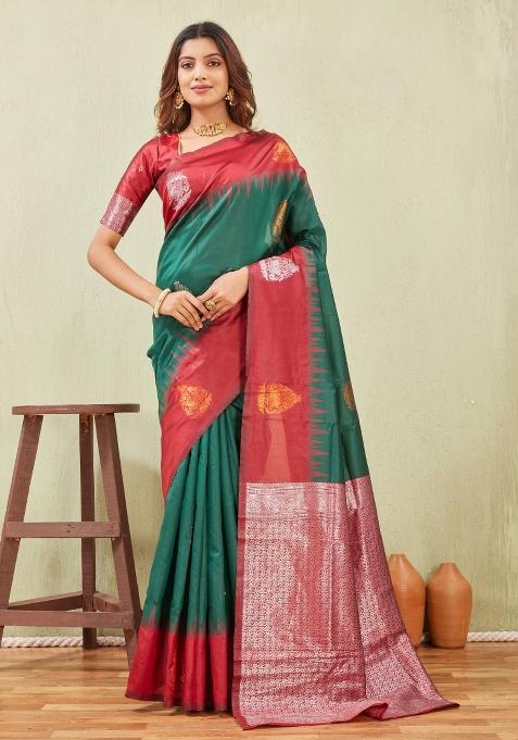 Rama Green Printed Handloom Saree Set