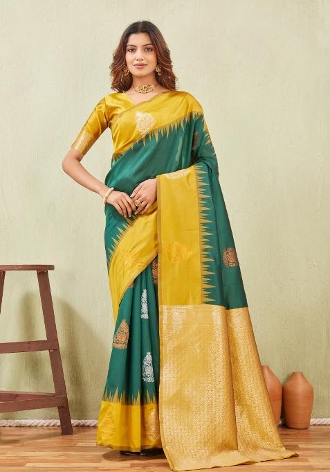 Yellow And Green Printed Handloom Saree Set