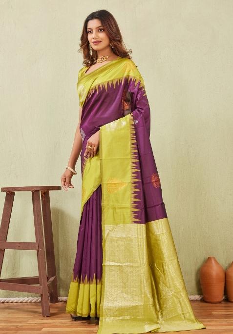 Yellow And Wine Printed Handloom Saree Set