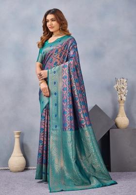 Blue Turquoise Printed Handloom Saree Set