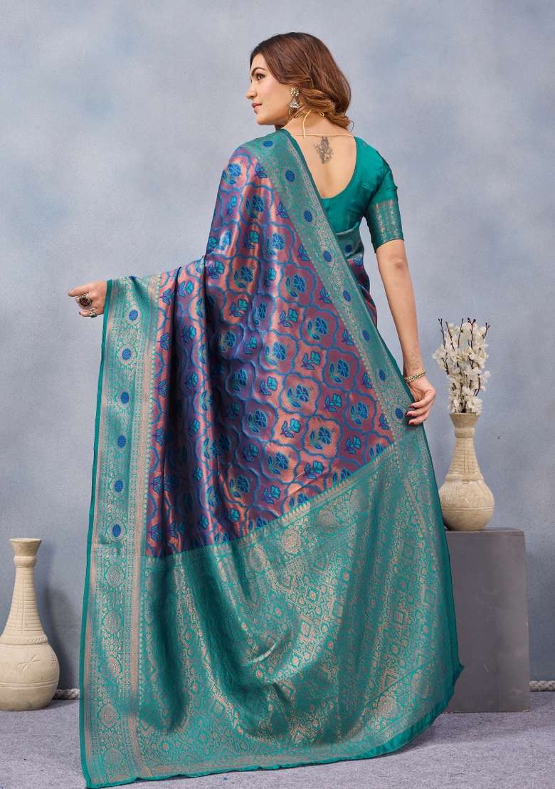 Blue Turquoise Handloom Saree Set with Printed for Diwali | Wedding & Festive Wear - Indya