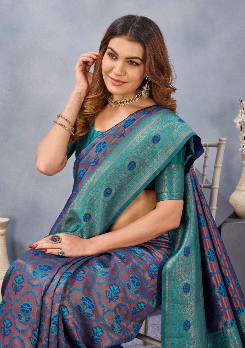 Blue Turquoise Handloom Saree Set with Printed for Diwali | Wedding & Festive Wear - Indya