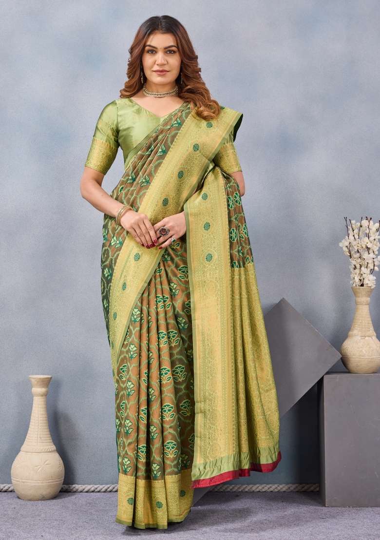 Light Green Handloom Saree Set with Printed for Diwali | Wedding & Festive Wear - Indya