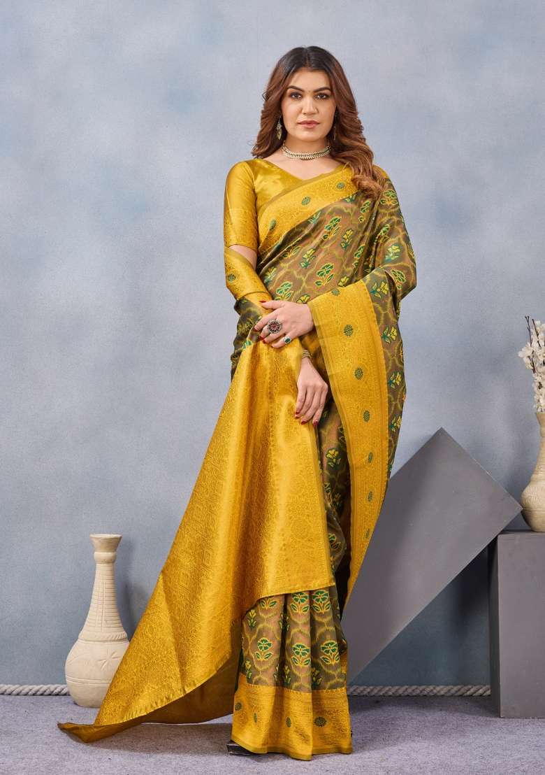 Green And Mustard Printed Handloom Saree Set for Diwali and Festive Wear - Indya