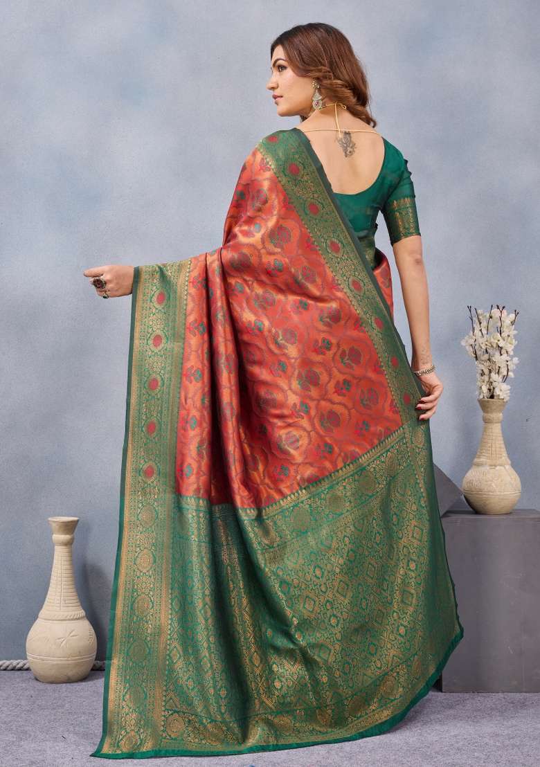 Orange Green Printed Handloom Saree Set for Diwali and Festive Wear - Indya
