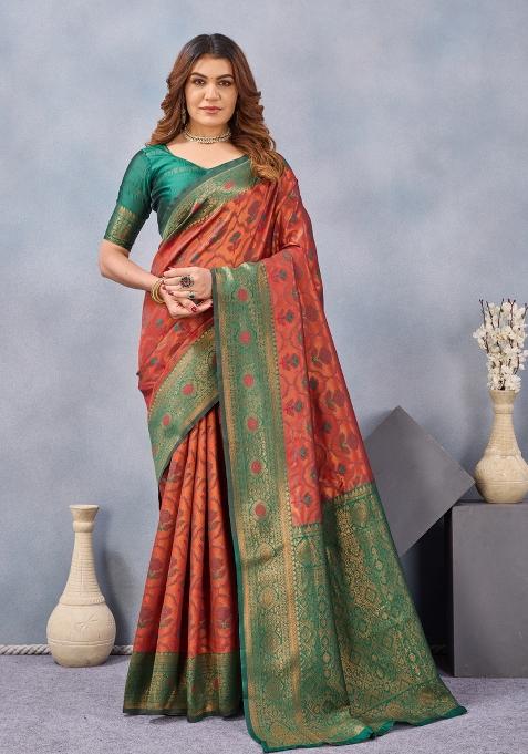 Orange Green Printed Handloom Saree Set