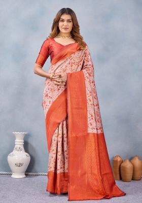 Orange Printed Handloom Saree Set