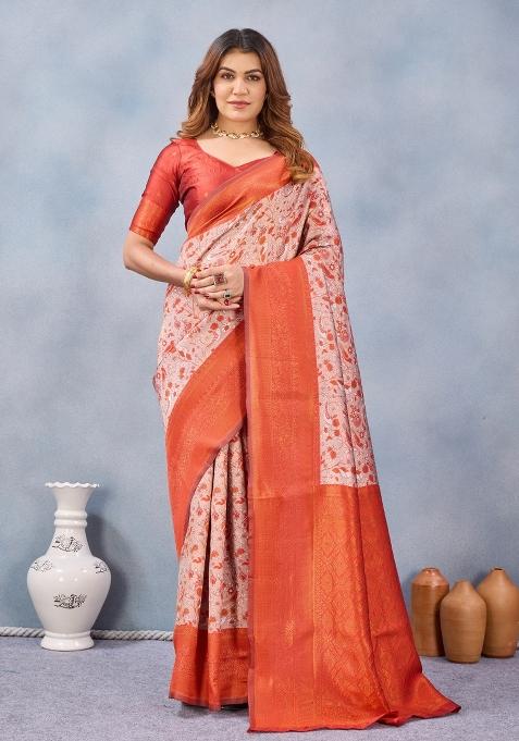 Orange Printed Handloom Saree Set
