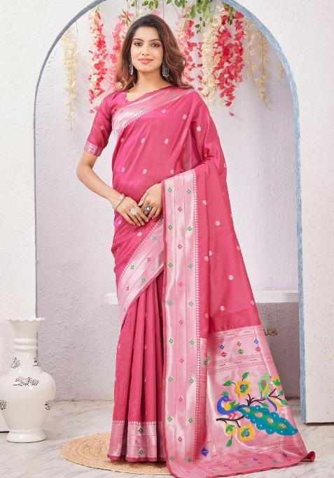 Pink Printed Handloom Saree Set
