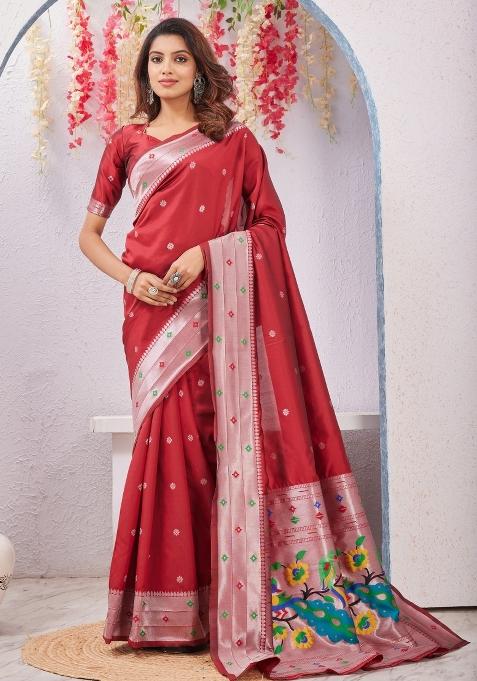 Red Printed Handloom Saree Set