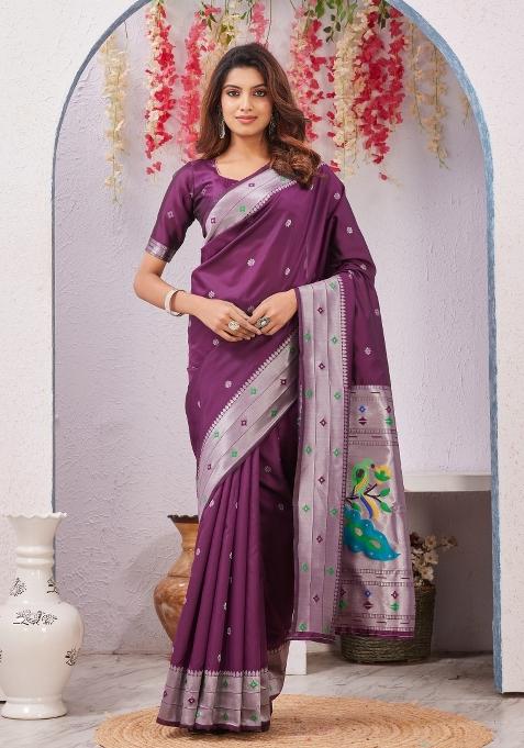 Wine Printed Handloom Saree Set