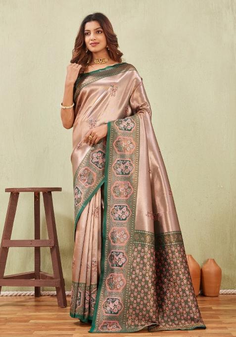 Green And Gajari Printed Handloom Saree Set
