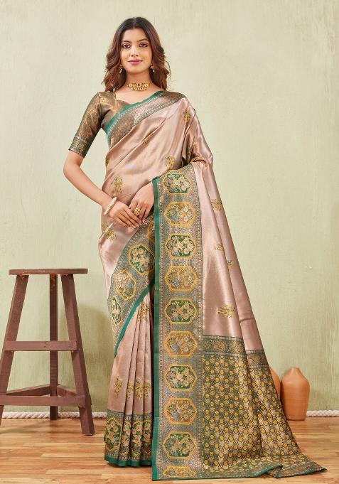 Green And Gold Printed Handloom Saree Set