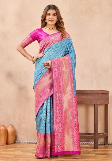 Sky Pink Printed Handloom Saree Set