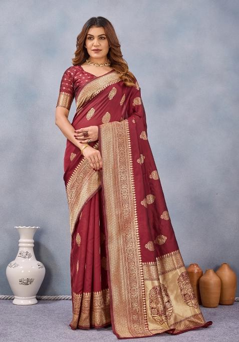 Maroon Printed Handloom Saree Set