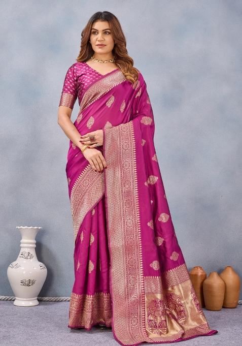 Wine Printed Handloom Saree Set