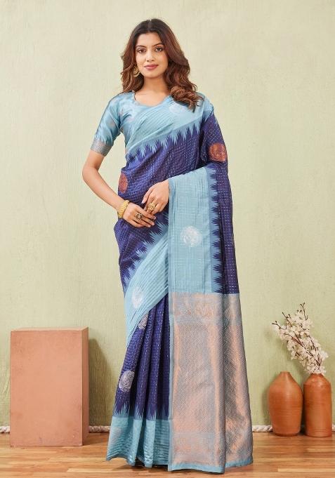 Rama Blue Printed Handloom Saree Set
