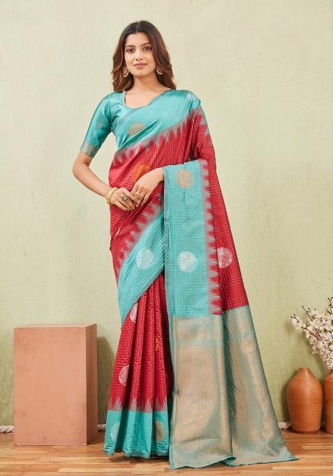 Rama Red Printed Handloom Saree Set