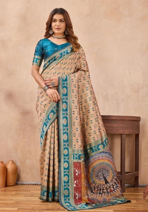 Turquoise Printed Handloom Saree Set
