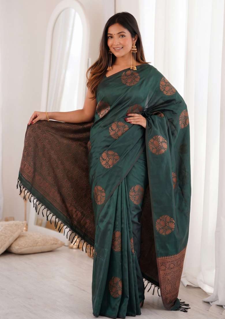 Green Silk Saree Set - Indya