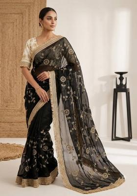 Black Embroidered Silk Saree Set