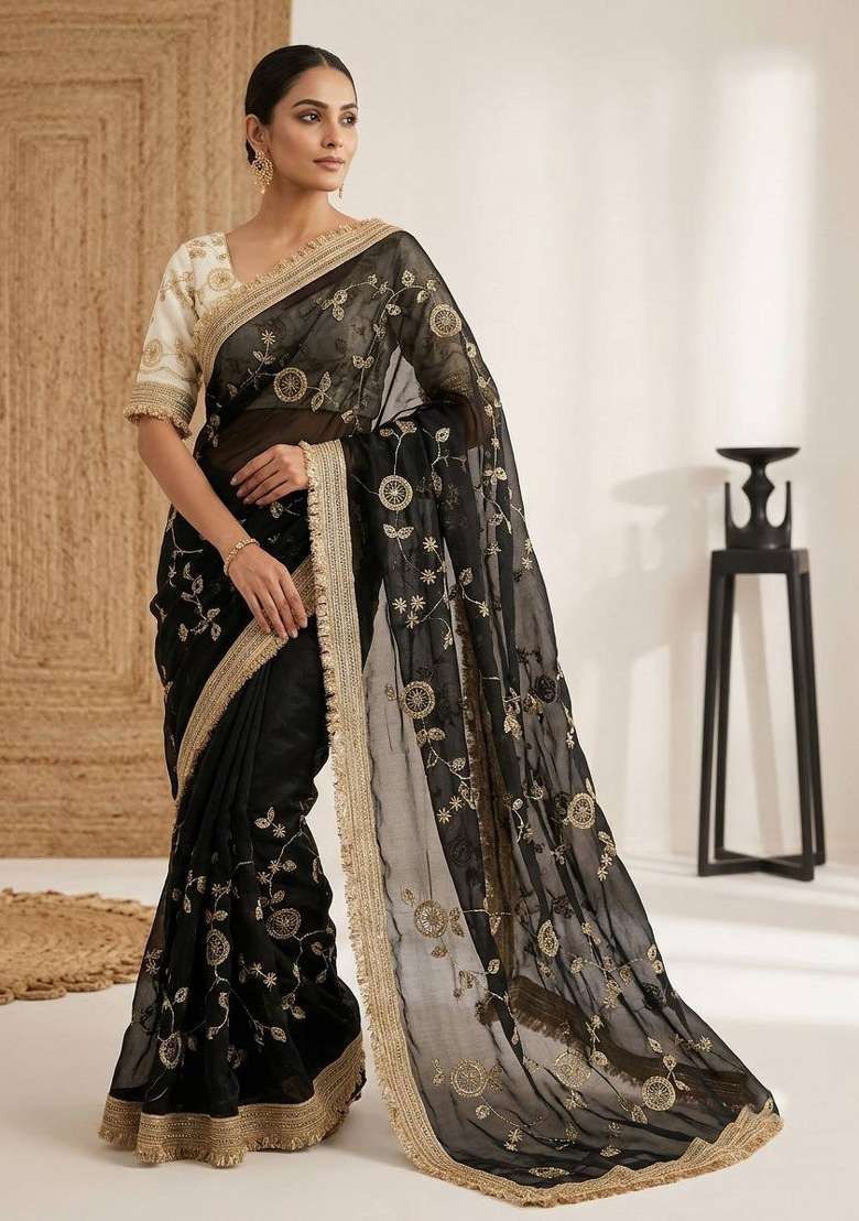 Black Embroidered Silk Saree Set for Diwali and Festive Wear - Indya