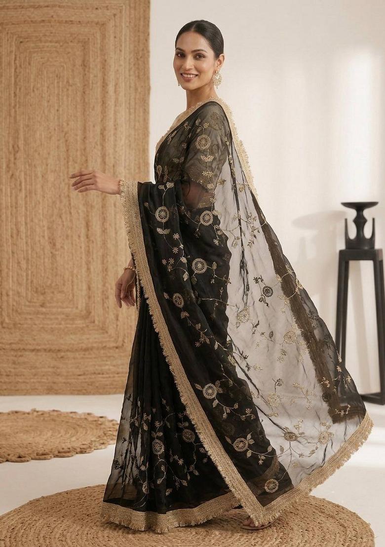 Black Embroidered Silk Saree Set - Indya