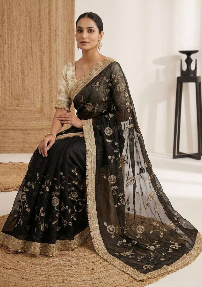 Black Embroidered Silk Saree Set for Diwali and Festive Wear - Indya