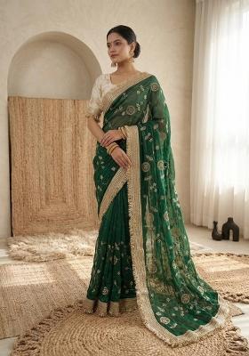 Green Embroidered Silk Saree Set
