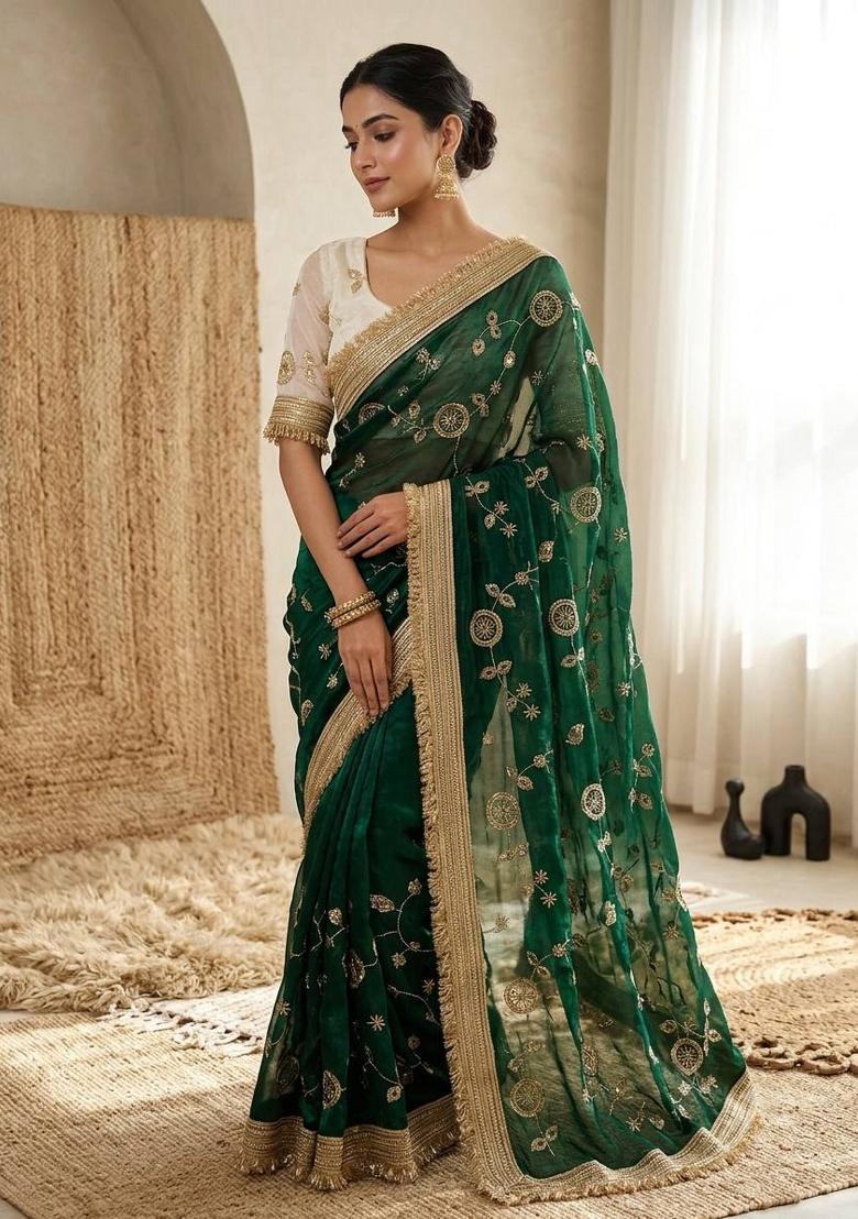 Green Embroidered Silk Saree Set - Indya